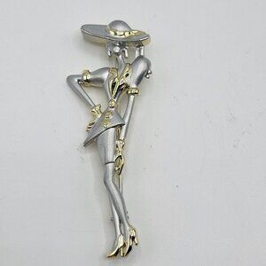 Art Deco Brooch Pin Goldtone Brushed Silver Woman Figural Old Hollywood